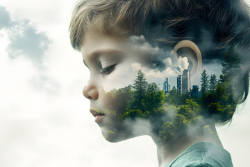 Child's face blended with trees and industrial pollution, symbolizing environmental impact, climate change, nature, and the urgent need to protect future generations from harm