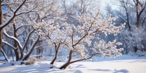 Snow-covered tree with white berries and bare branches in winter , Amelanchier ovalis, winter scene