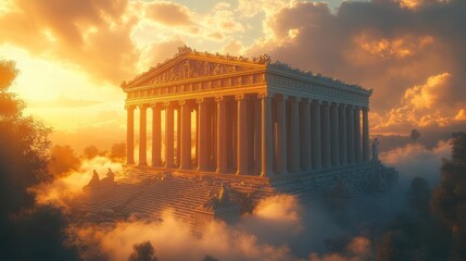 Obraz premium Ancient Greek temple on a cloud at sunset.