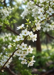 Small white flowers swaying gently in the breeze on a slender tree branch , flowers, breezy
