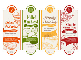 Labels for different types of mulled and spiced wines showcasing ingredients and flavor profiles
