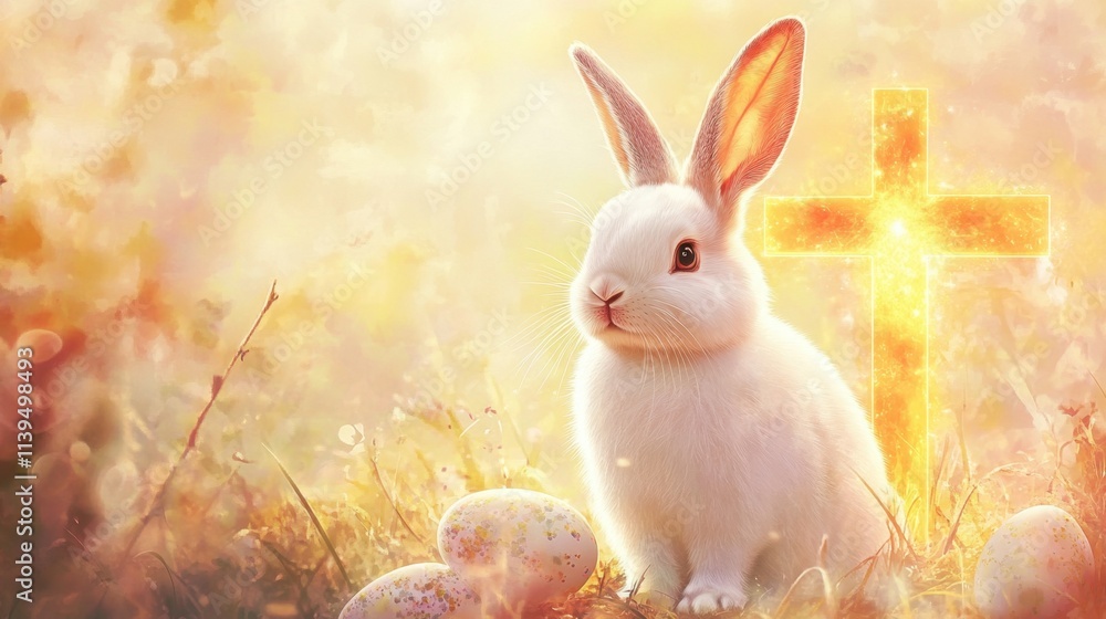 Poster a cheerful bunny near a glowing cross on an ethereal abstract easter background with space for text.