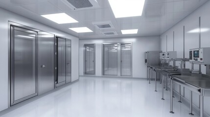 Cleanroom interior with stainless steel doors and equipment.