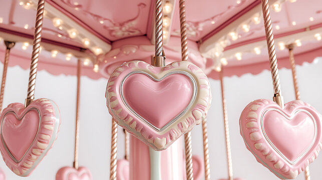 whimsical pink carousel with heart shaped decorations and lights