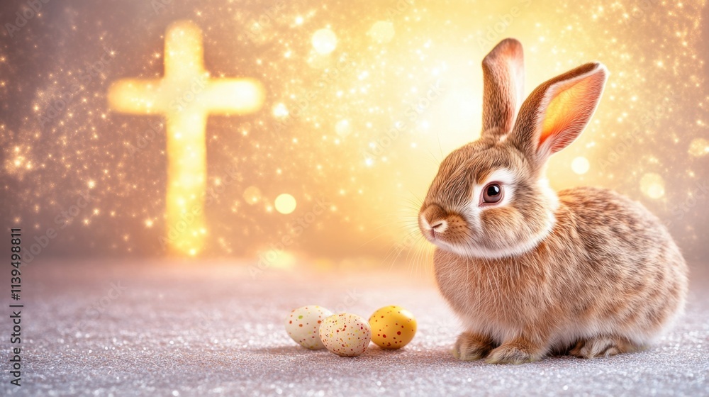 Poster a cheerful bunny rabbit near a luminous cross, with easter eggs scattered on a soft gradient backgro