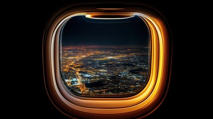 A night view from an airplane window showcasing city lights below.