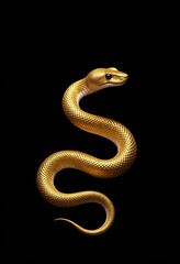 Golden Snake in Elegant Pose Against Black Background, Showcasing Shimmering Gold Leaf Patterns and Regal Beauty