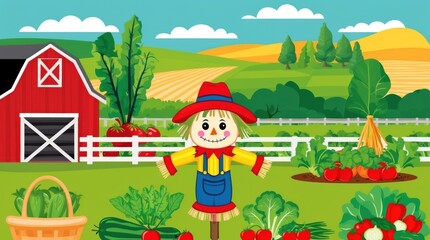 Fototapeta premium Vibrant scarecrow in a lush farm landscape agricultural scene sunny day rural setting