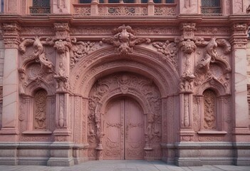 Obraz premium Pink-hued stone facade with intricate carvings and ornate details, stone facade, decorative pattern