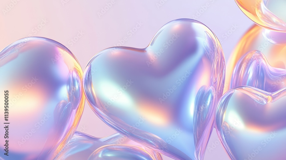 Poster a close-up of abstract overlapping heart shapes, created with soft pastel hues and glowing edges.