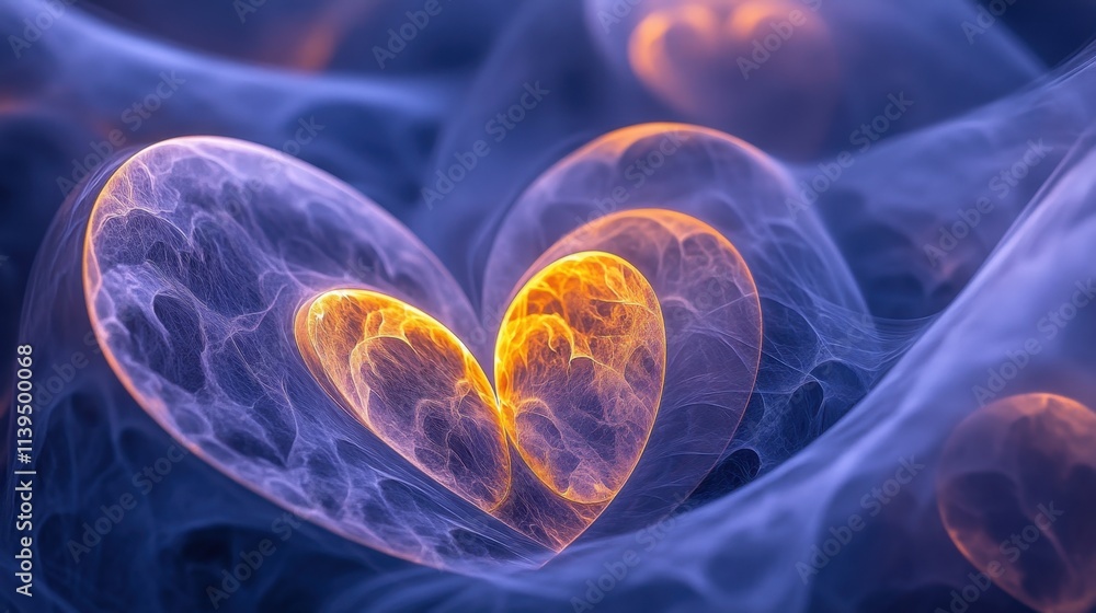 Poster a close-up of abstract overlapping heart shapes, created with soft pastel hues and glowing edges.