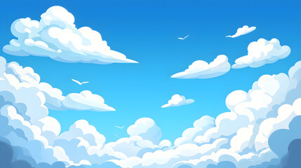 A bright blue sky filled with fluffy white clouds and a few birds.