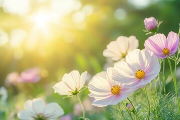Sunlit pink and white cosmos flowers in a field.