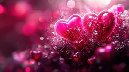 Obraz premium A cluster of radiant abstract hearts glowing amidst a backdrop of soft pink and crimson tones.