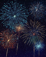 Colorful fireworks explode in a night sky, creating a vibrant and festive atmosphere.