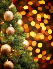 Obraz premium Gold light shiny bokeh abstract blur background with bright round defocus golden pattern with tree and ornaments, can use for Christmas festive decoration and any design