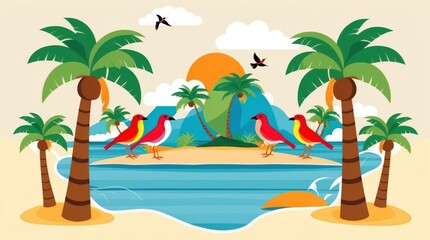 Fototapeta premium Tropical birds gathering by the coastal lagoon art illustration beach environment sunrise viewpoint