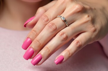 Close-up of women's hands with a fashionable pink matte manicure. On one of the fingers, on the second phalanx, there is a narrow ring with a red ruby, in the shape of a heart. Beauty salon.