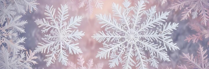 intricate lace pattern of snowflakes in soft pastel colors, winter wonderland, gentle breeze