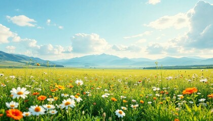 Obraz premium Summer's Embrace: A vibrant meadow blooms under a cerulean sky, a picturesque landscape that evokes feelings of tranquility and renewal. 