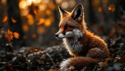 Fototapeta premium Red Fox in Autumnal Forest: A majestic red fox sits amidst a vibrant forest, bathed in the golden light of the setting sun. The fox's keen gaze and sleek fur are illuminated by the warm.