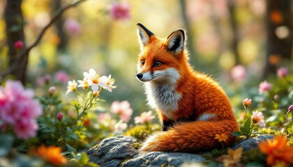 Naklejka premium Fox in the Wildflowers: A red fox, with its captivating gaze, sits amidst a vibrant tapestry of wildflowers, its beauty enhanced by the warm glow of the sun.