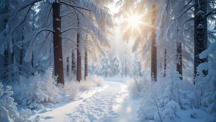 Serene Snow-Covered Forests: A Winter Wonderland of Frosted Trees, Sunlit Paths, and Pristine Beauty
