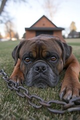Obraz premium Boxer Dog Lying on Grass with Chain Leash in Backyard