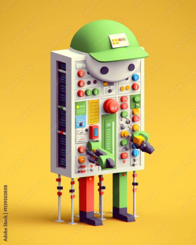 Poster a whimsical robotic character with a green cap and colorful control panel features, showcasing a pla