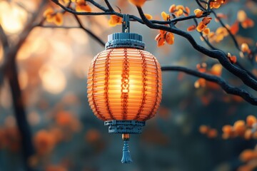 Fototapeta premium A glowing lantern hangs from a branch, surrounded by autumn foliage, creating a warm ambiance.