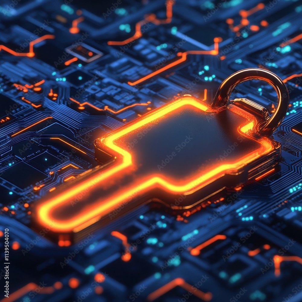 Poster a glowing digital lock symbol on a circuit board background, symbolizing cybersecurity and data prot