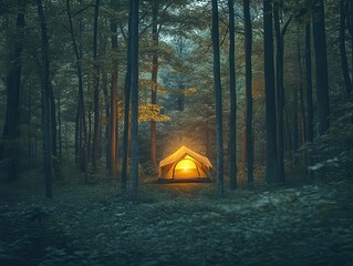 A serene forest clearing illuminated by golden hour light, a glowing tent nestled among the trees