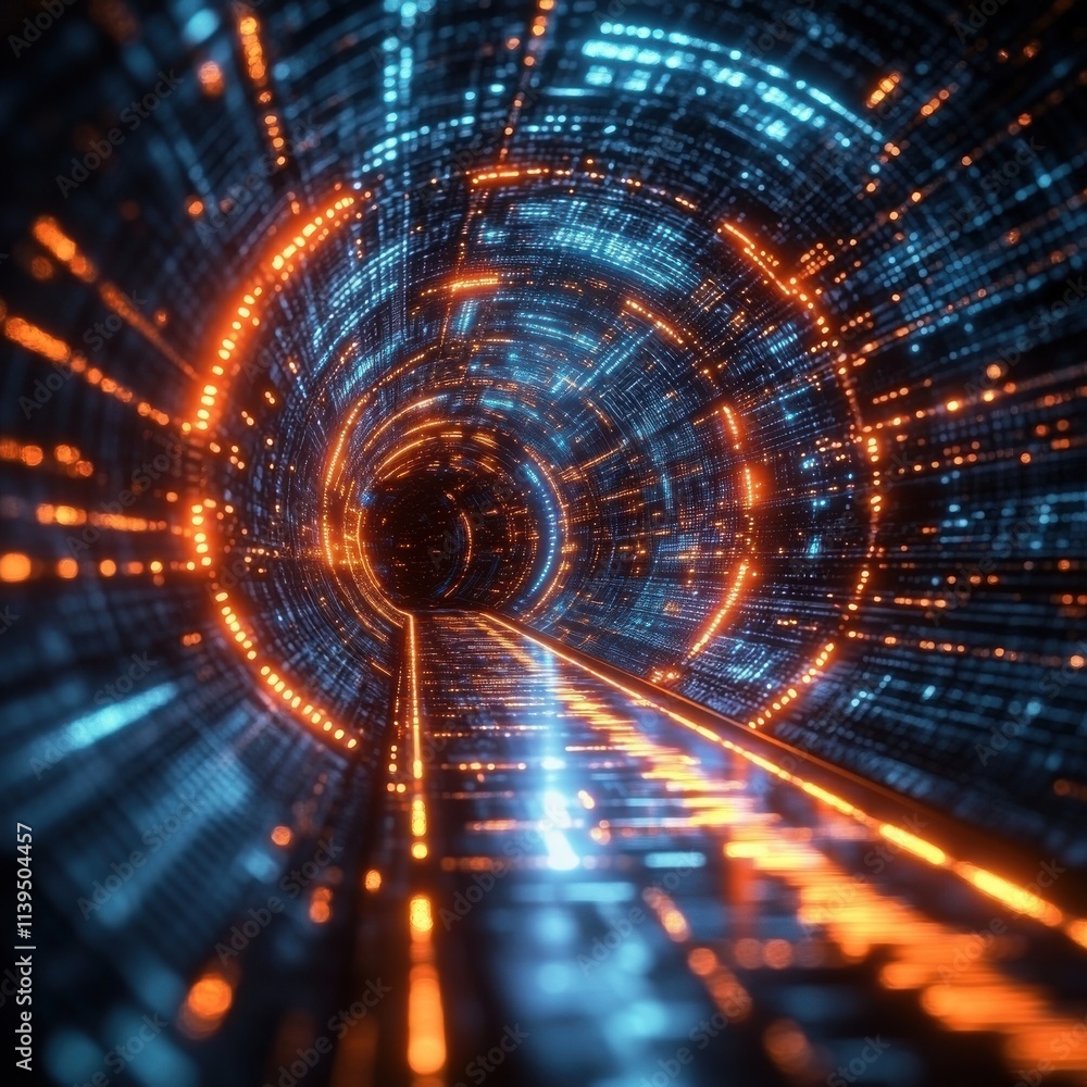Poster a mesmerizing digital tunnel with blue and orange lights, creating a sense of motion and depth.