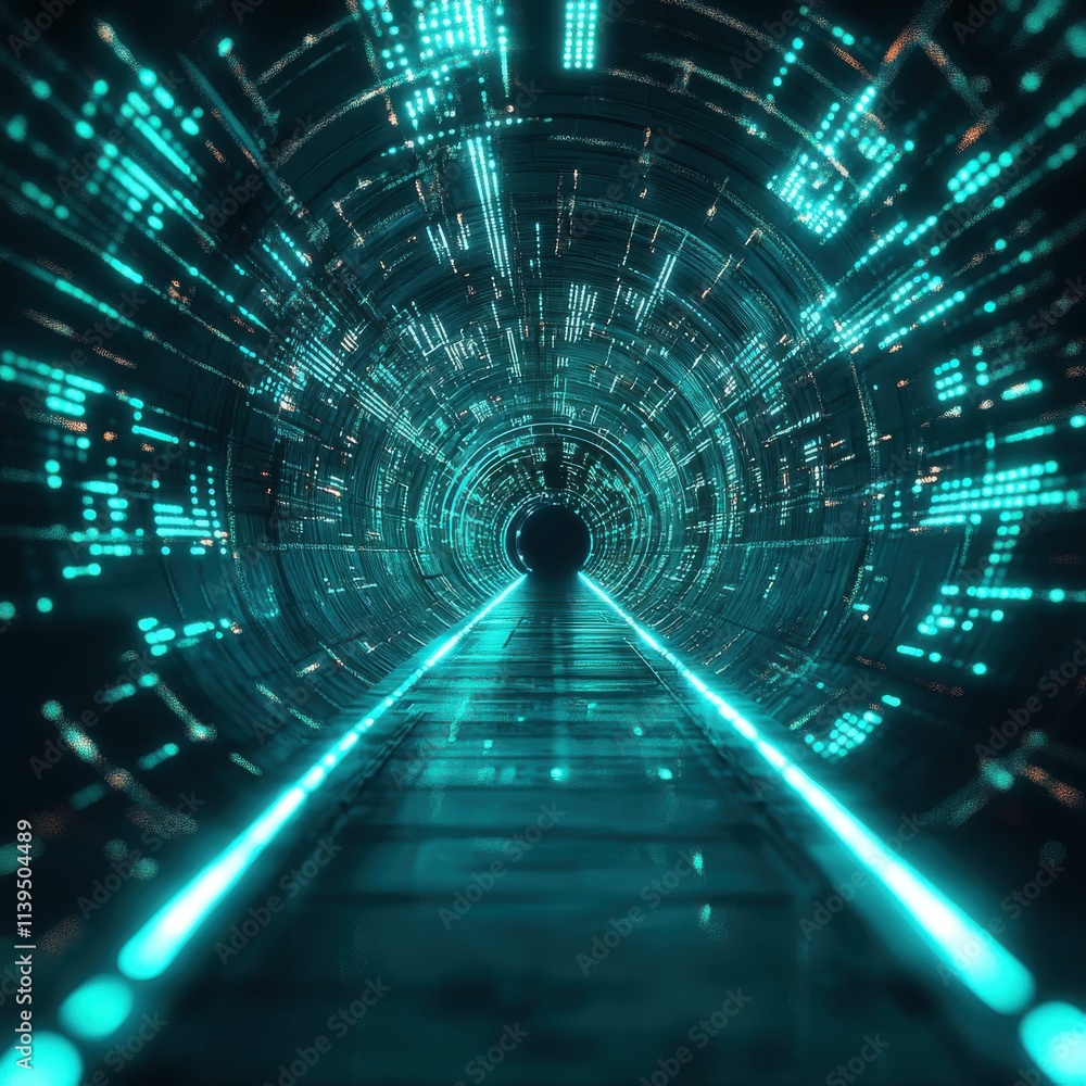 Poster a futuristic digital tunnel with glowing turquoise light trails and data streams, creating a sense o