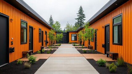 Obraz premium An affordable prefabricated housing community with modern design and sustainable living options for families.