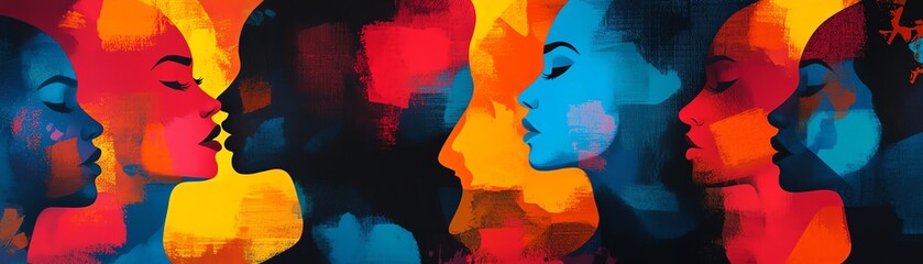 Abstract art of diverse silhouettes, vivid and colorful faces symbolizing unity, human connection, and the power of community across different cultures