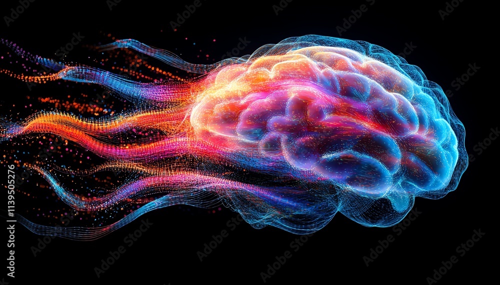 Poster abstract brain with neural network connections, colorful data lines, vibrant symbols of technology a