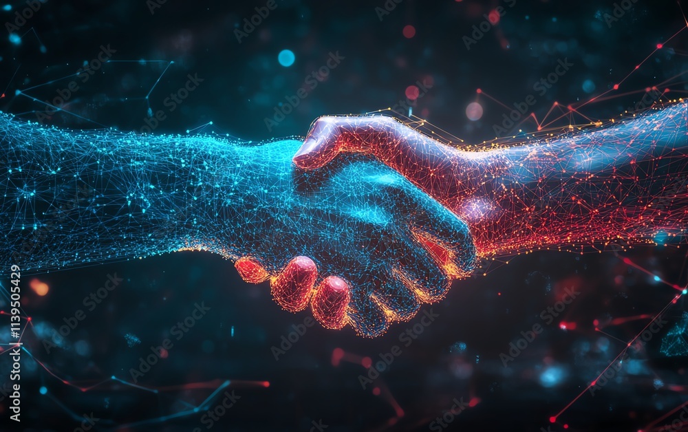 Aufkleber abstract digital handshake with blue and red tones, futuristic virtual collaboration and technology 