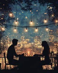 Silhouetted couple enjoying a romantic dinner under fairy lights, with a city skyline illuminated in the background.