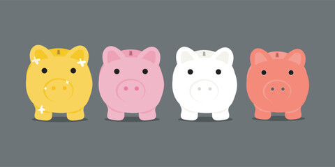 Vector illustration of four colorful piggy banks in yellow, pink, white, and red. Perfect for finance, saving money concepts, budgeting, or financial design projects.