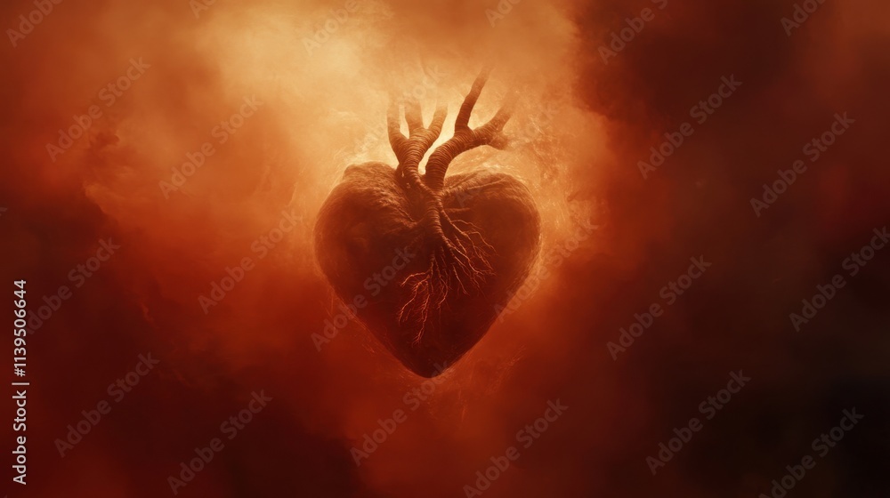 Poster a floating abstract heart created with delicate threads of light, surrounded by a misty red backgrou