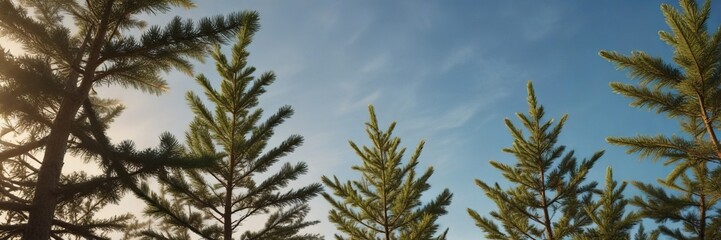 Darkening blue sky with green spruce branches in warm golden light, evergreen,