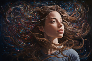 Fototapeta premium A portrait of a woman with flowing hair surrounded by swirling orange and blue hues, similar to a starry night sky. 