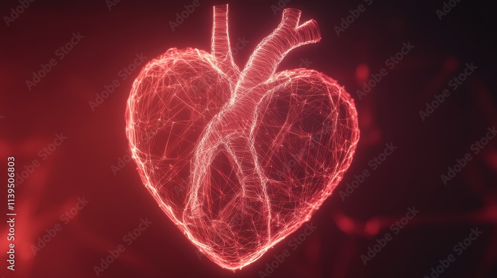 Poster a floating abstract heart created with delicate threads of light, surrounded by a misty red backgrou