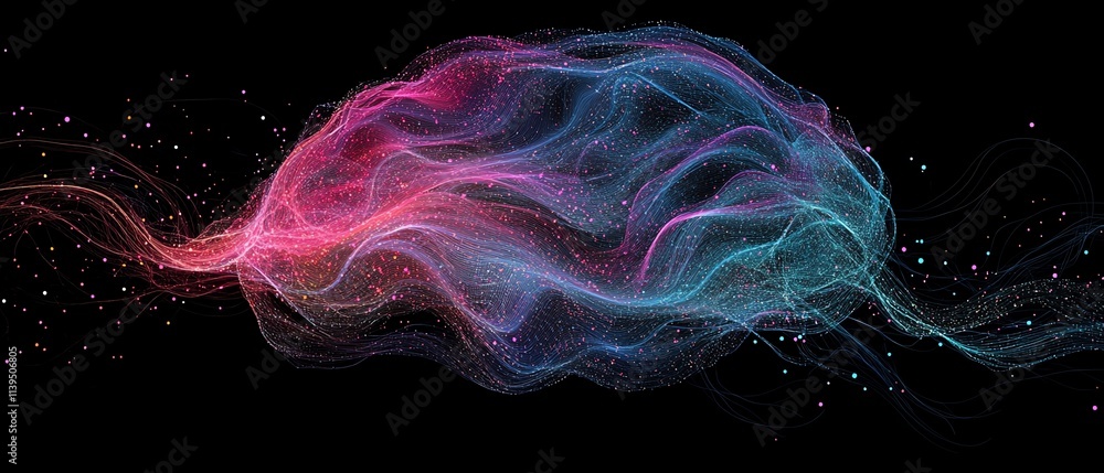 Poster brain illustration with abstract lines and colorful data connections, neural network symbols, vibran