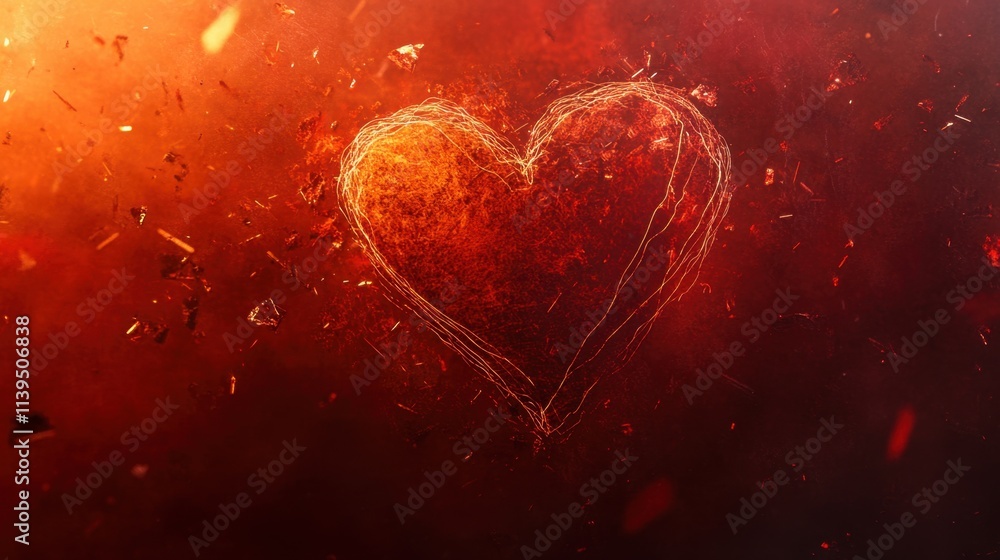 Poster a floating abstract heart created with delicate threads of light, surrounded by a misty red backgrou
