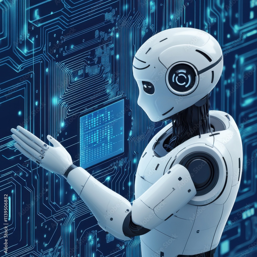 Poster a futuristic robot interacting with a digital display, showcasing cutting-edge technology and innova