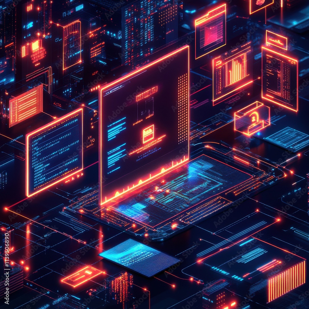 Poster a futuristic digital landscape with glowing screens and data visualizations, showcasing advanced tec