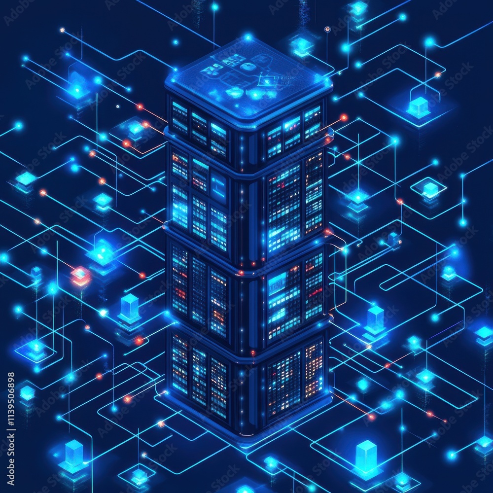 Poster futuristic data center tower illuminated in blue, featuring complex network connections and glowing 