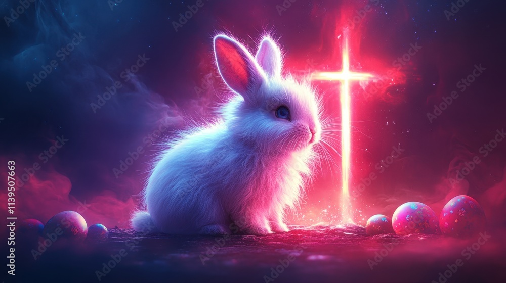 Poster a fluffy bunny sitting by a glowing cross on a colorful abstract easter background with vibrant eggs
